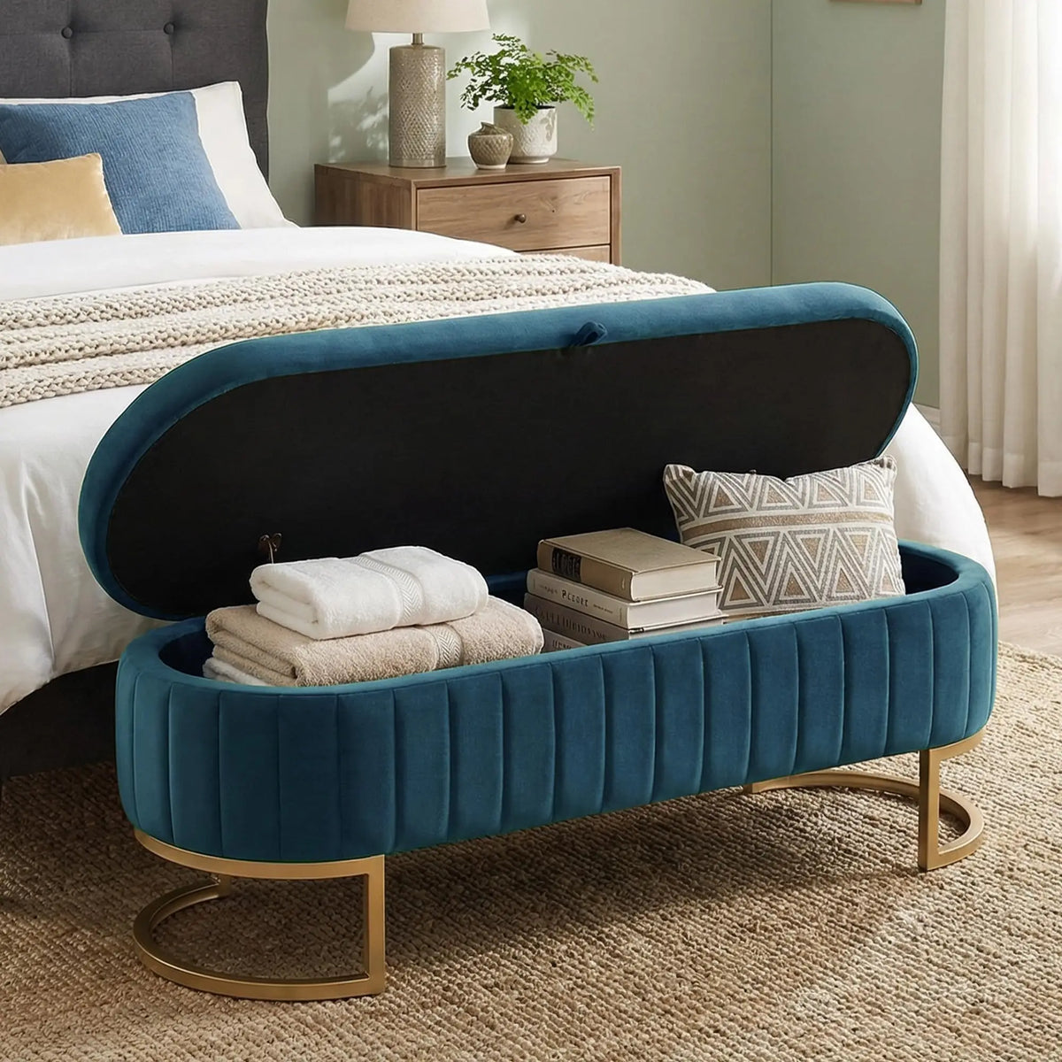 51in Velvet Tufted Storage Ottoman Bench with Flip-Top Lid and Gold Metal Legs