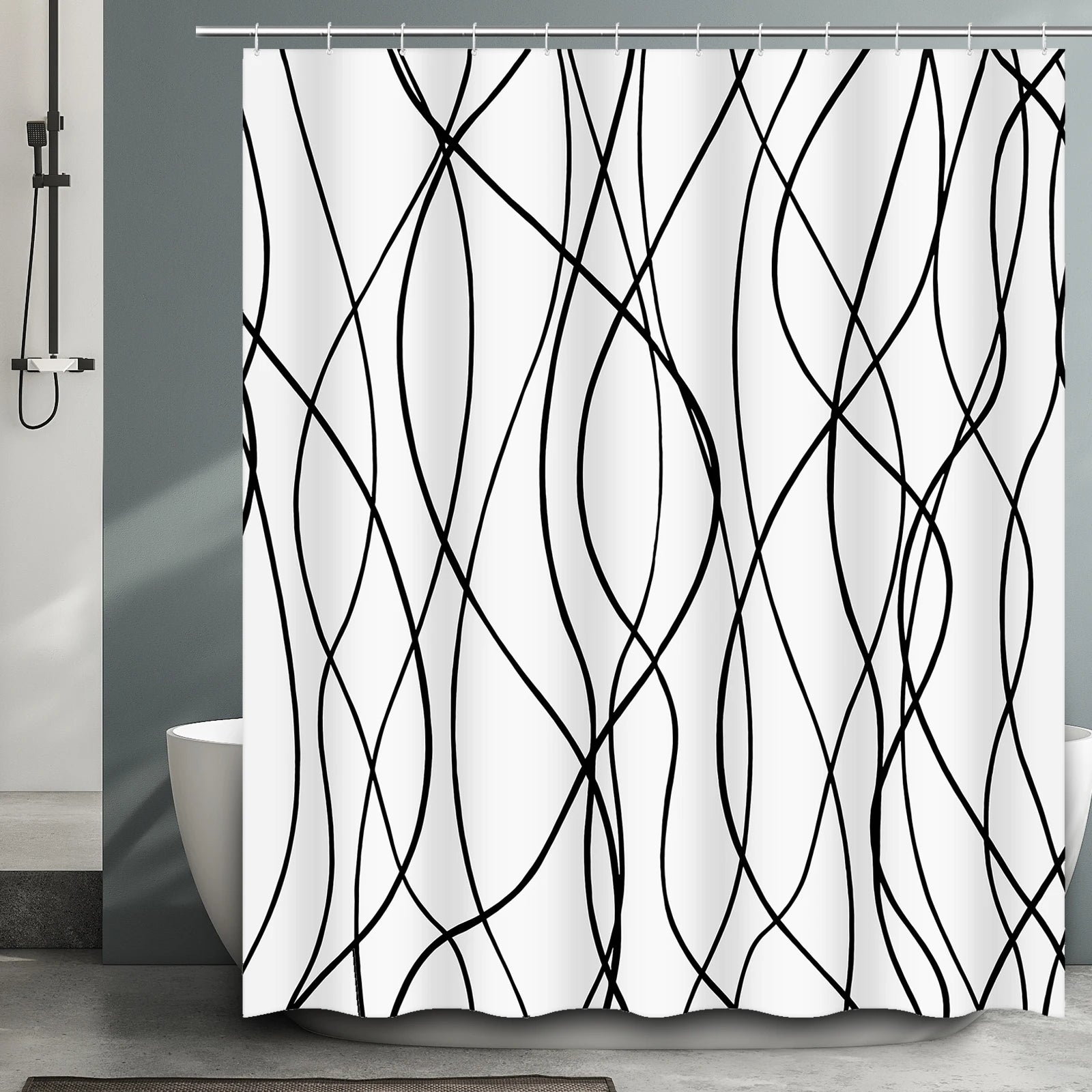Striped Wavy Line Shower Curtain, Minimalist Waterproof Polyester Fabric Shower Curtain Set with 12 Hooks, Bathroom Decorative