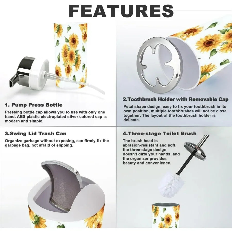 Bathroom Accessory Set 6 Piece Sunflower Yellow Summer Repeating Toothbrush Holder Toothbrush Cup Soap Dispenser Soap Dish Toil