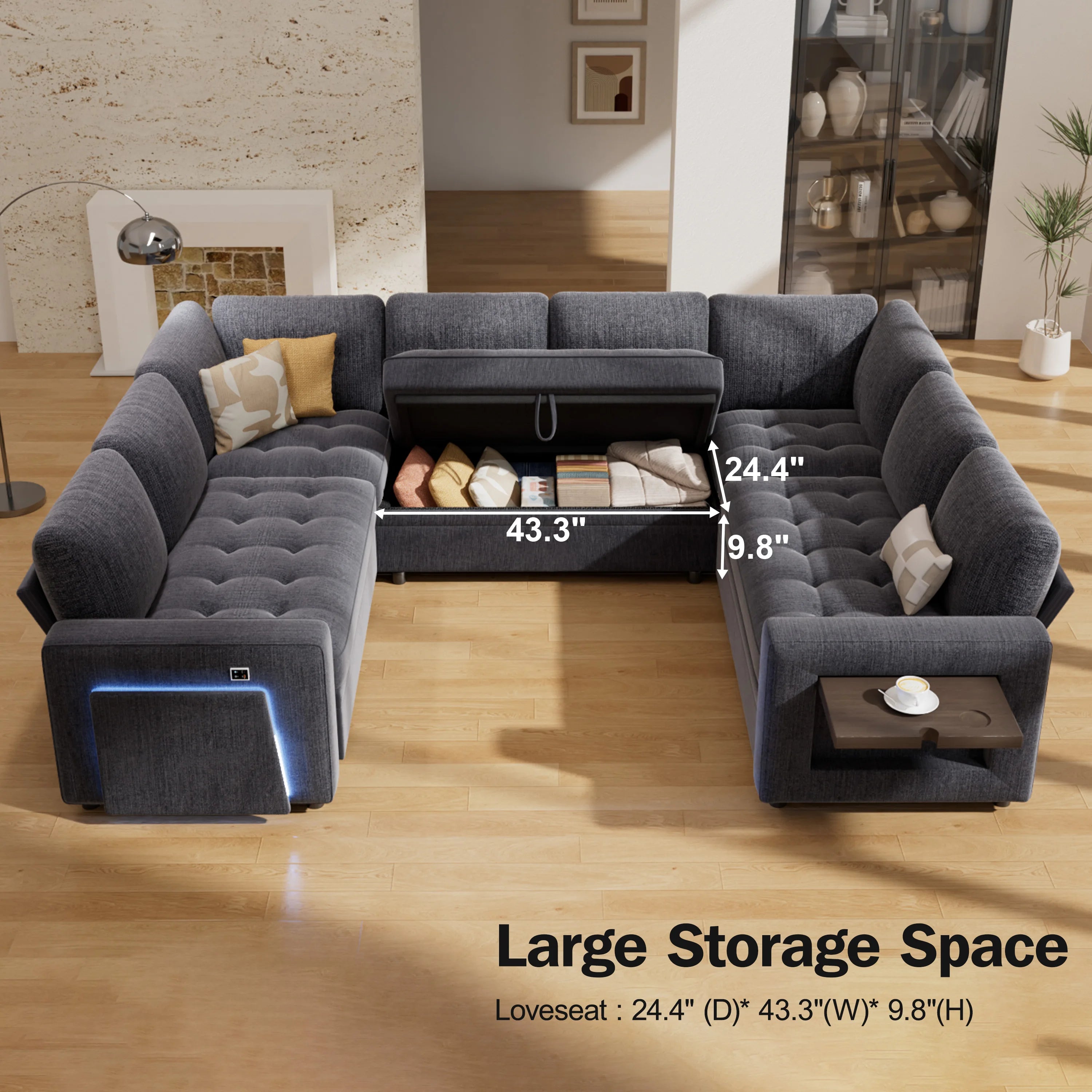U-Shaped Modular Sectional Sofa With Pull Out Bed and USB