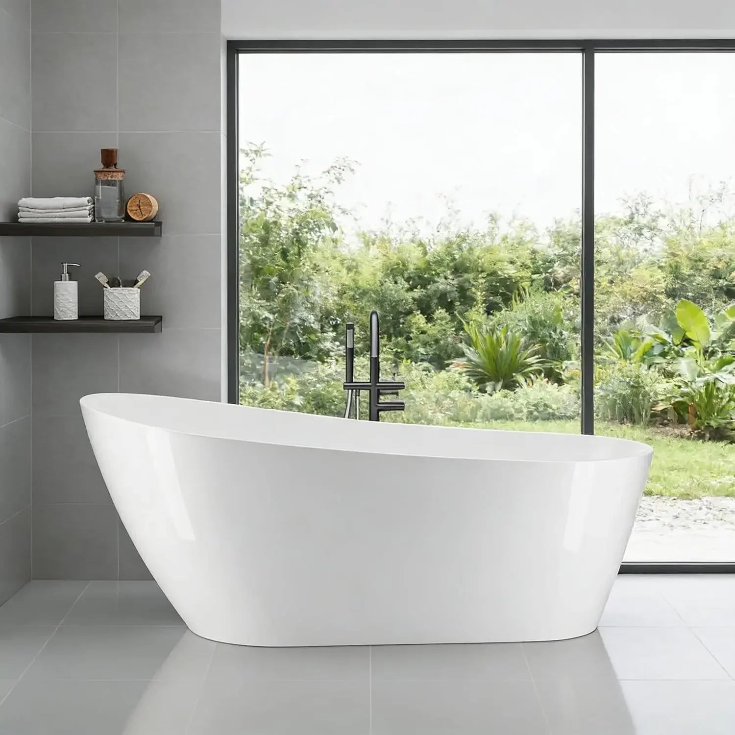 59" Acrylic Freestanding Soaking Bathtub, Free Standing Tub, Stylish Stand Alone Contemporary Soaking Tub with Integrated Overfl