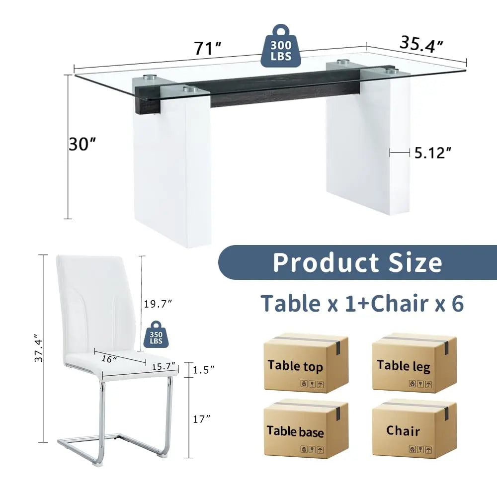 Glass Dining Table Set for 6, Modern Kitchen Table and Chairs for 6,71 in Glass Dining Table with 6 PU Leather, Customized
