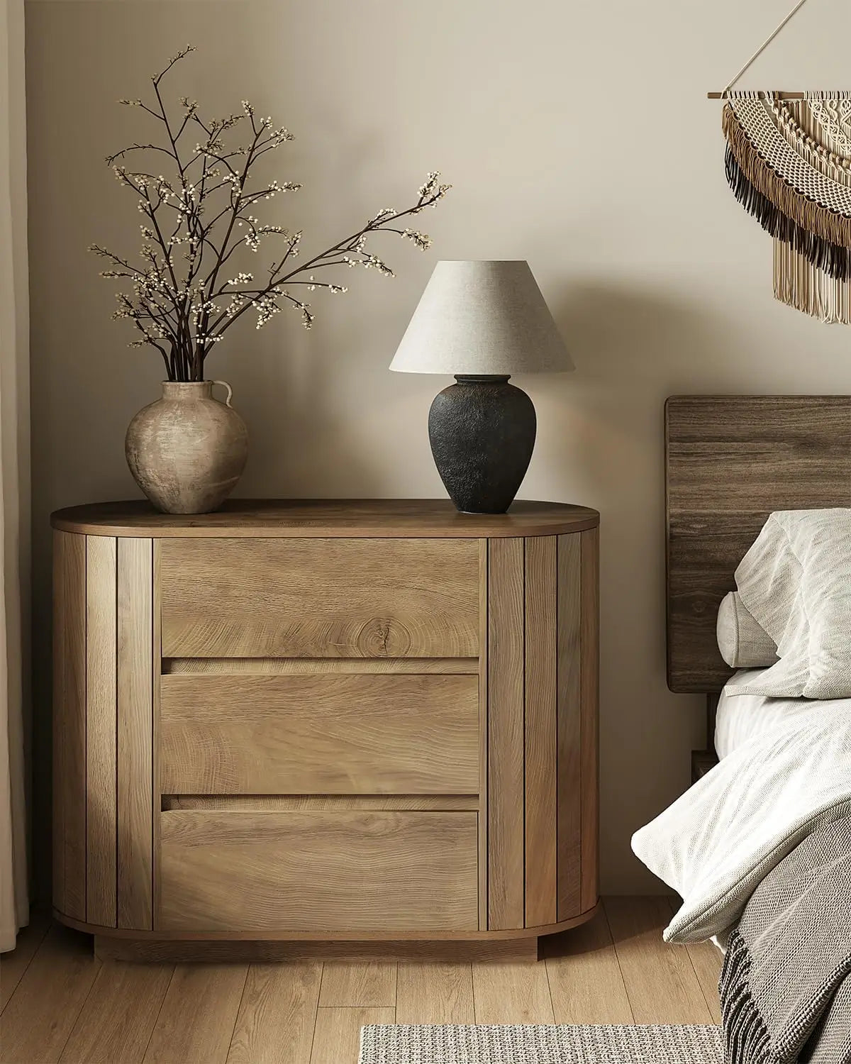 Novilla Oak Nightstand Set With Slatted Sides And Three Drawers