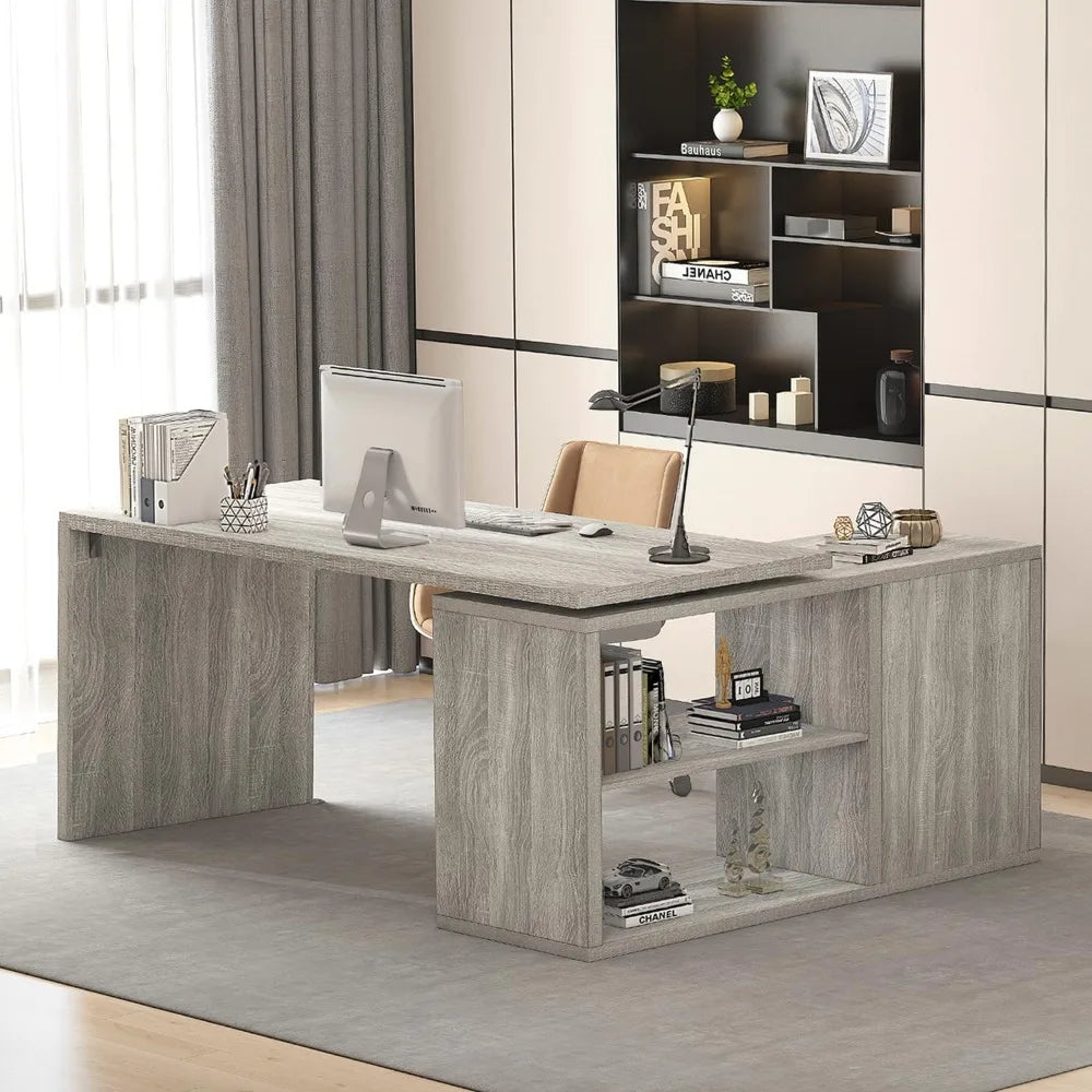 Gray L Shaped Corner Desk with Storage Shelves, Reversible L Shape Computer Desk with Storage Cabinet, Adjustable Corner Home O