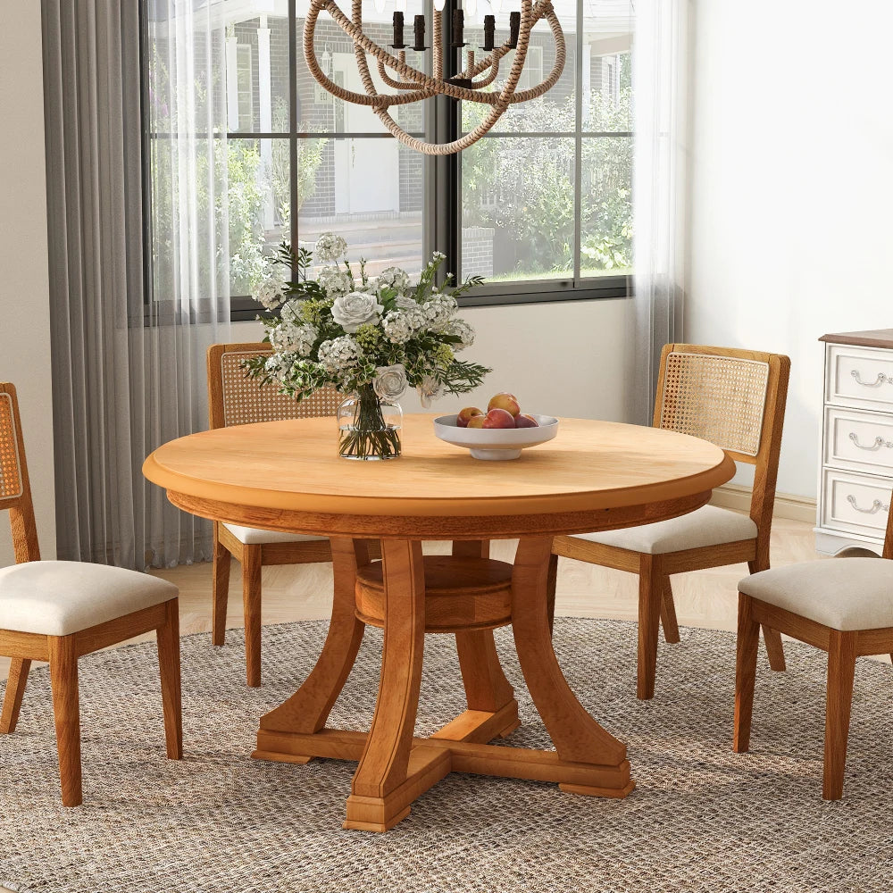 5 Piece Round Extendable Solid Wood Dining Table Set, 4 Rattan Back Chairs With Upholstered Seats, Modern Farmhouse Kitchen Dinner Furniture For Dining Room Kitchen Apartment