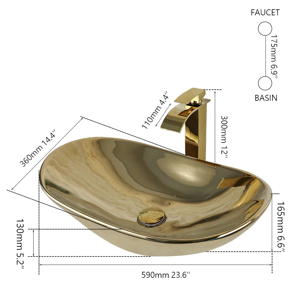 YANKSMART OUBONI Ceramic Luxury Bathroom Vessel Sink Set With Brass Faucet