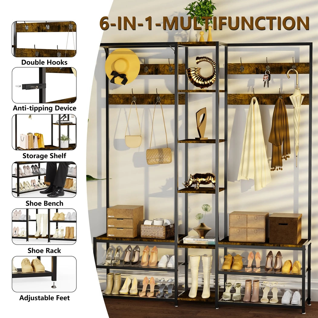 Heavy Duty Corner Coat Stand with Shoe Bench Hall Tree Free Standing Clothes Hat Hanger