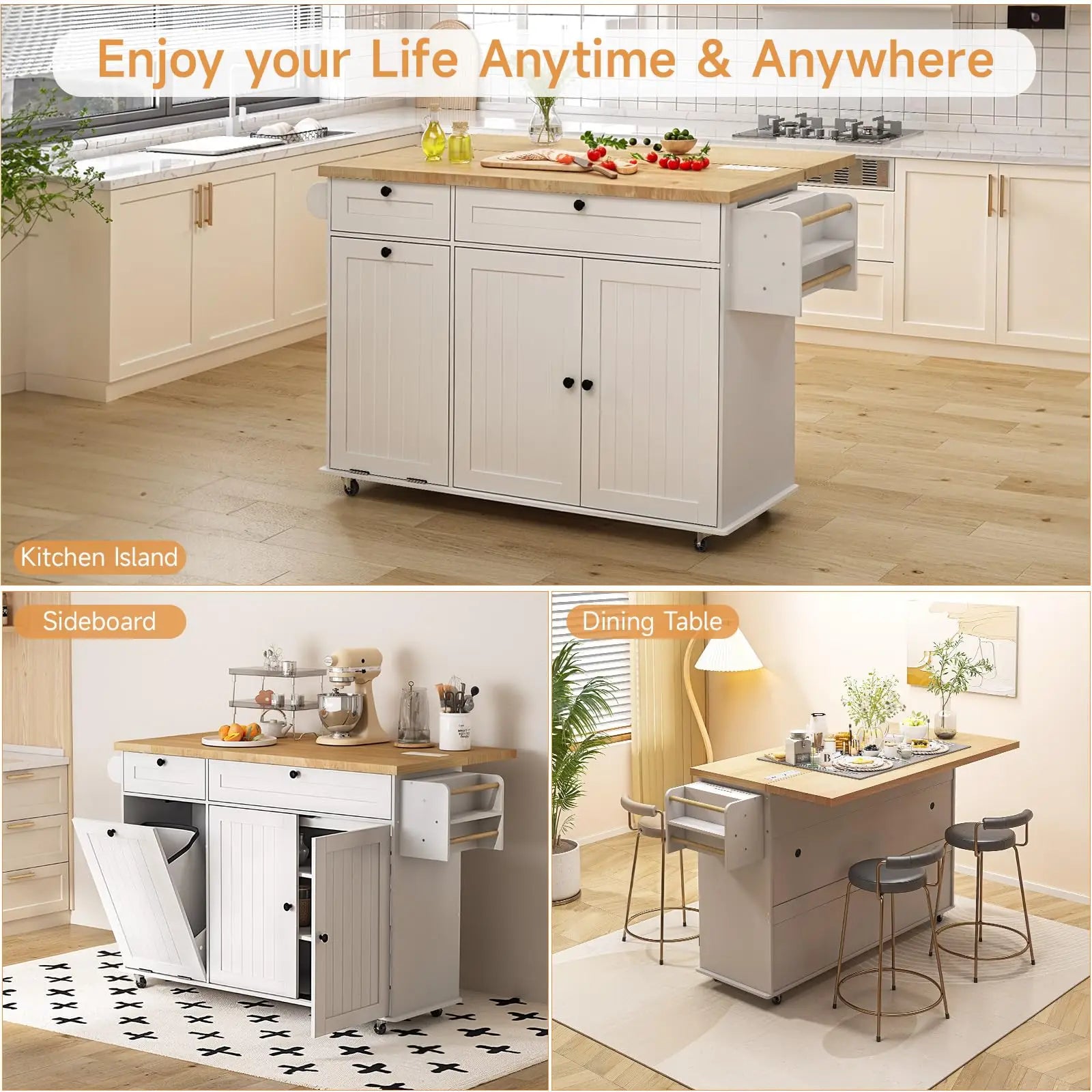 ONBRILL Mobile Kitchen Island With Power Outlet Drop Leaf And Towel Rack