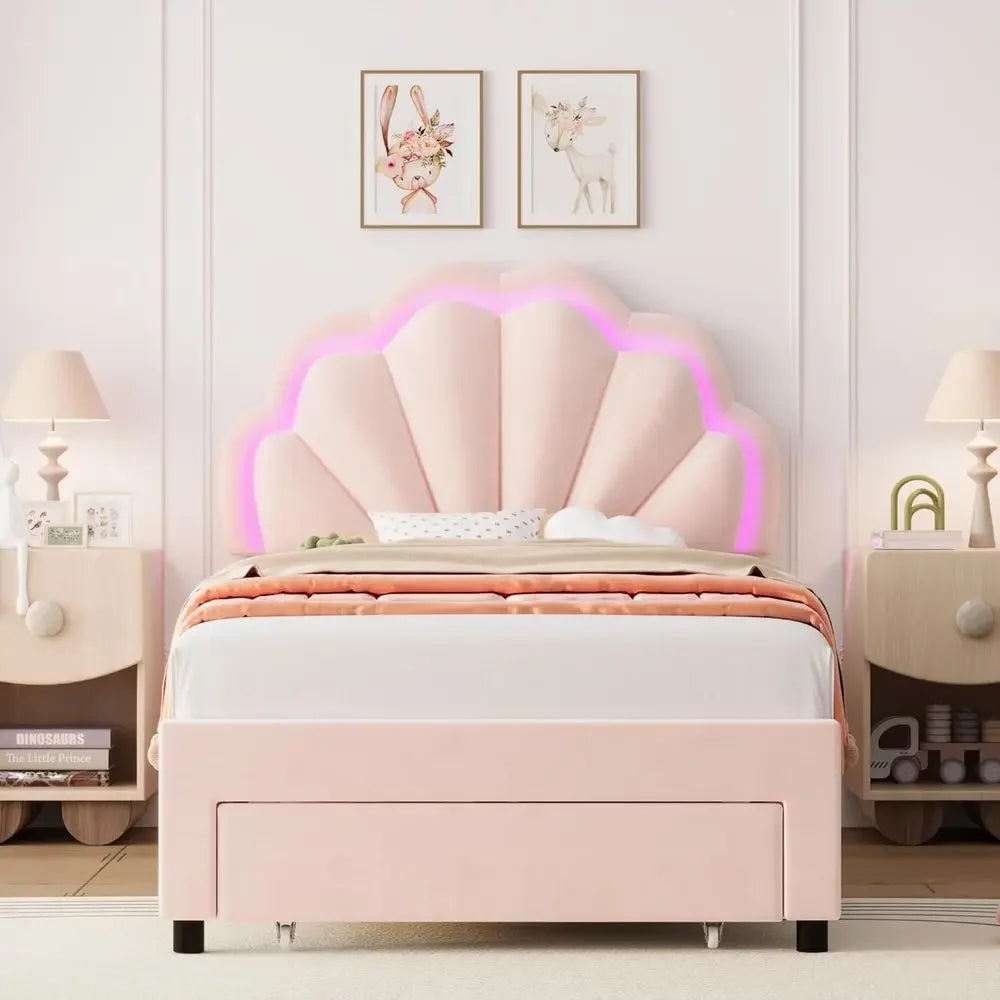 Upholstered LED Bed with Storage, Adjustable Headboard, Solid Wood Slats, No Box Spring Needed, Pink for Girls/Kids