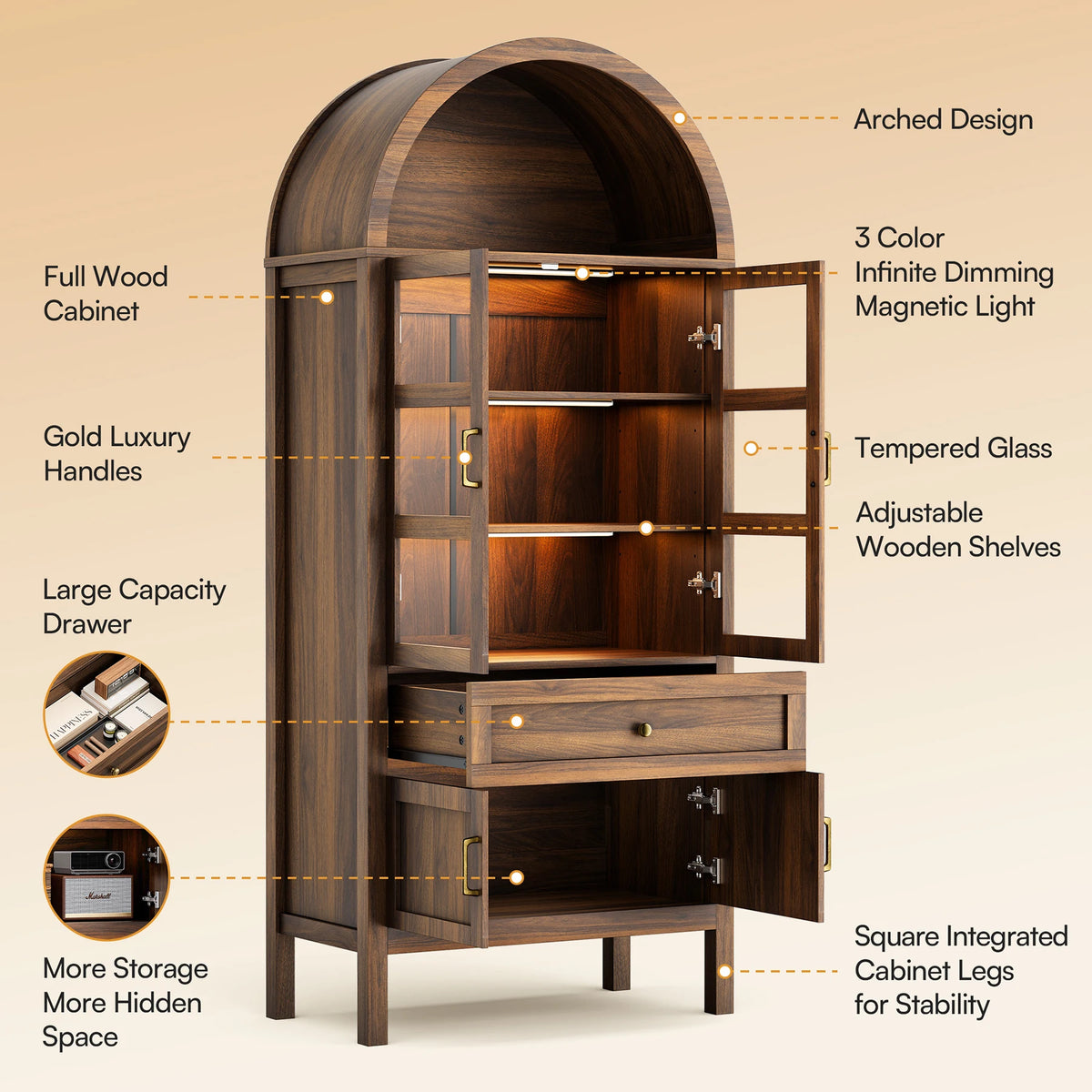 Cottinch Arched Wood Cabinet With Adjustable Shelves and LED Lighting