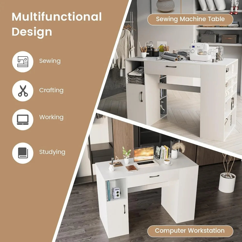 36" Adjustable Sewing Craft Table with 14 Compartments, Drawer & Cabinet, White Workstation