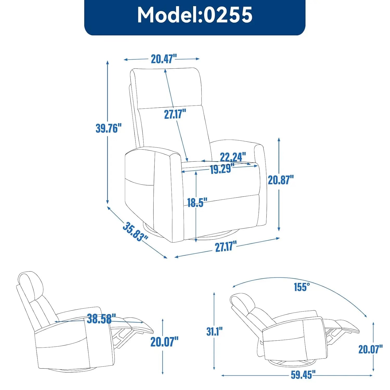 Heat Massage Manual Recliner Chair with Rocker & 360° Swivel, Fabric Upholstered Reclining Armchair with Lumbar, Customized