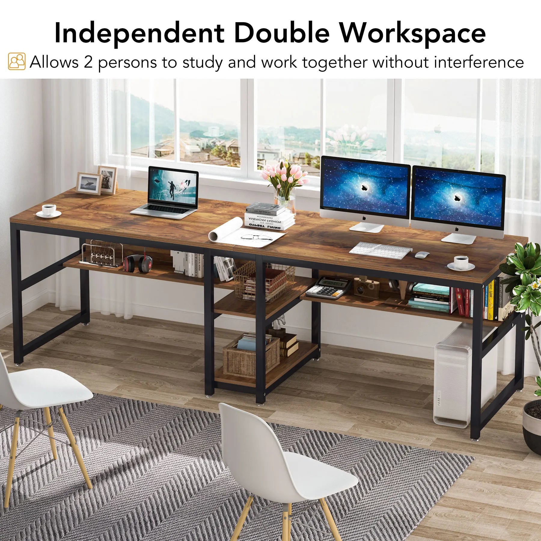 Tribesigns Two Person Desk With Bookshelf For Home Office