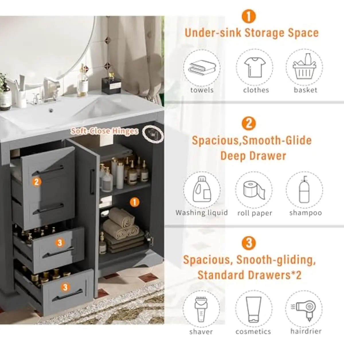 36 Inch Rectangular Bathroom Vanity with Integrated Ceramic Sink Overflow Protection Soft Close Cabinet Doors Three Tier Storage