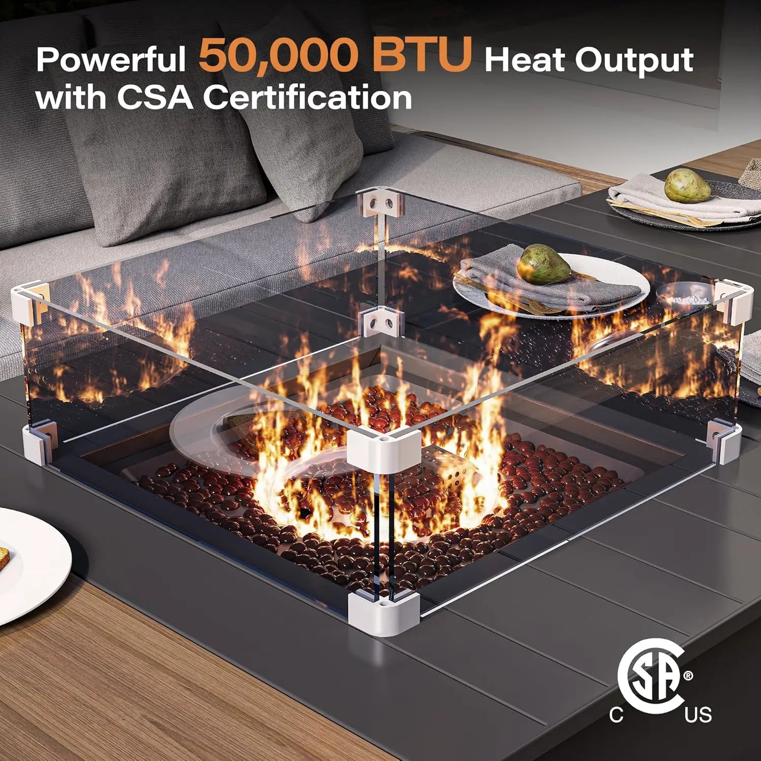 64" Gas Fire Pit Table for Outside Patio, 55,000 BTU Propane Firepit with Expandable Tabletop & Wind Guard