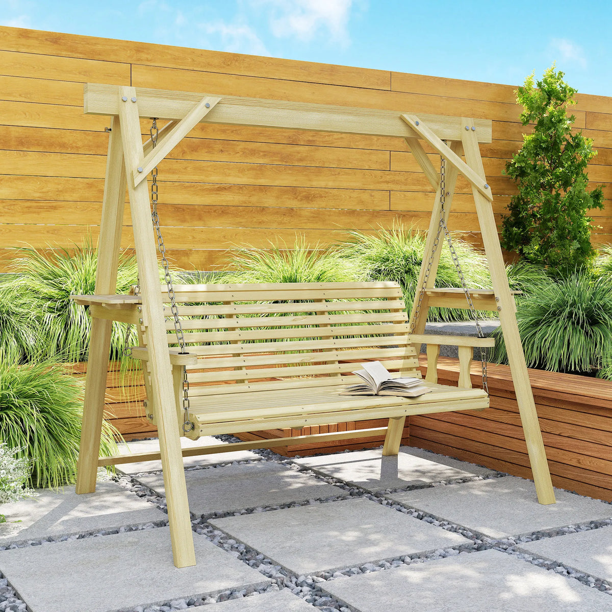 Outsunny 3-Seater Patio Swing with Stand and Side Table, Natural Wood