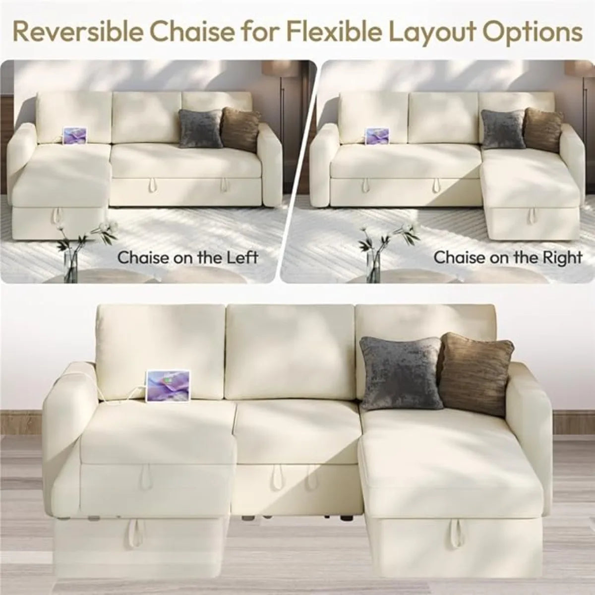 XIUWO L Shaped Sectional Sleeper Sofa Bed With Chaise Storage