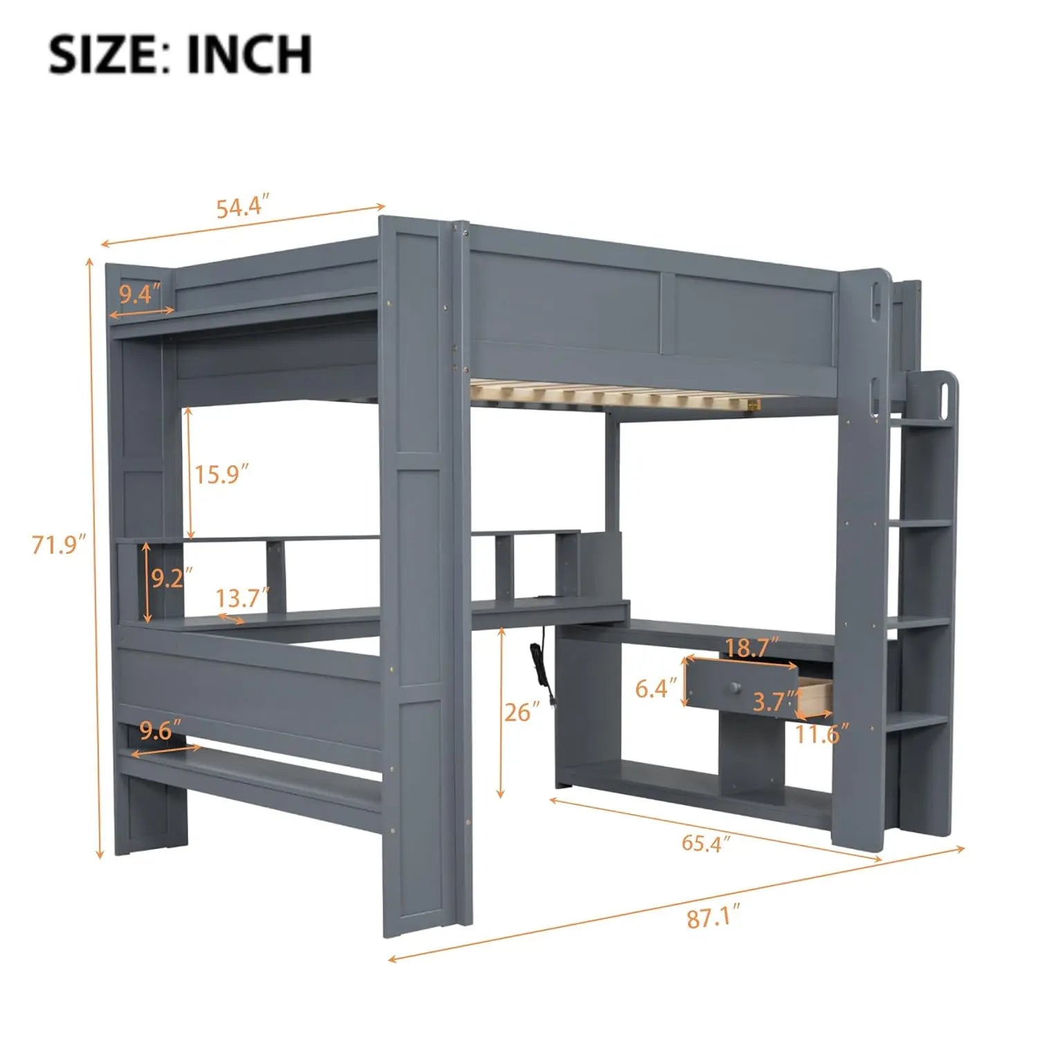 Full Wood Gaming Loft Bed Desk Storage Shelves LED Charging Station Kids Bedroom No Box Spring, Customized