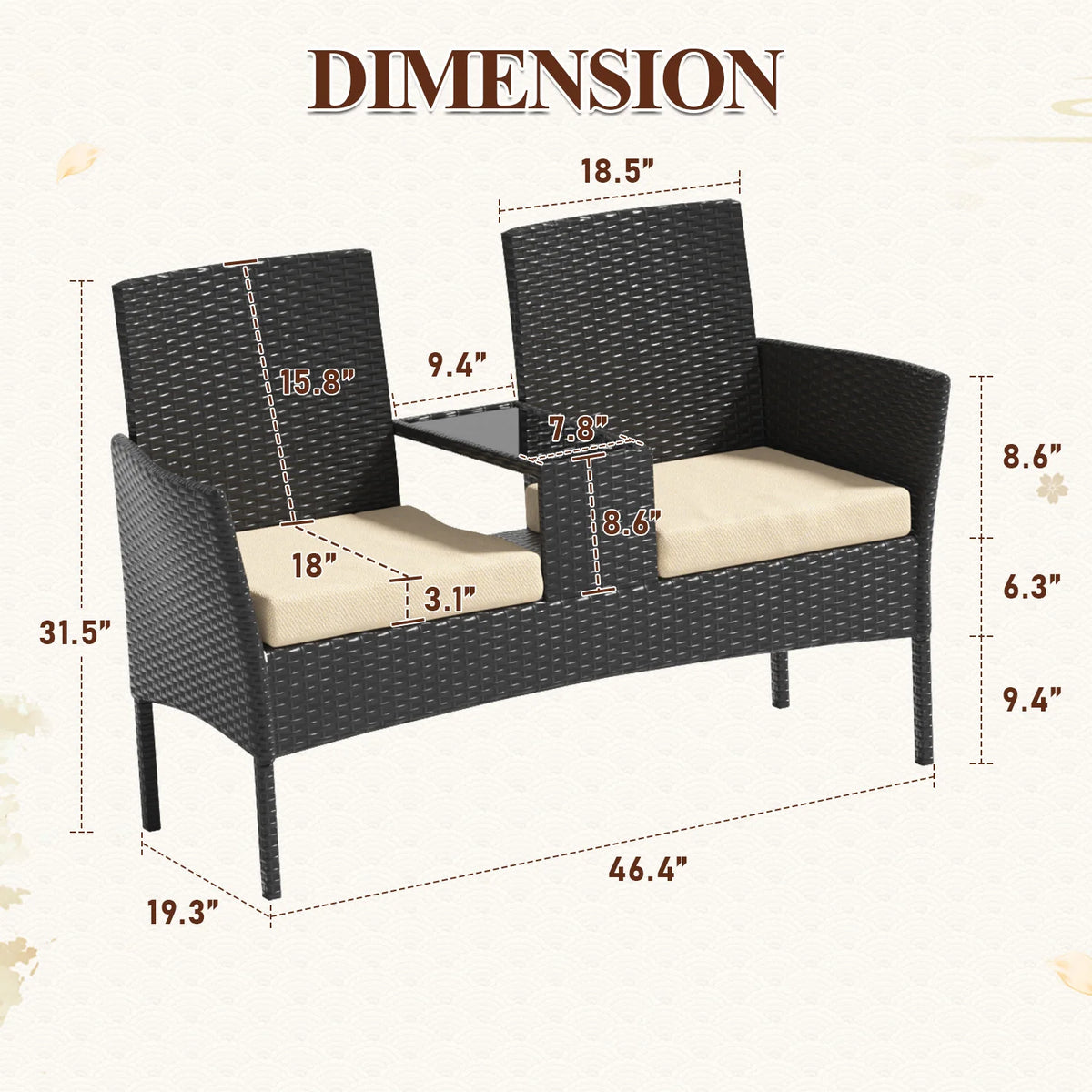 1 Piece Wicker Double Seat Patio Loveseat with Built-in Middle Tea Table, Cushioned Weatherproof Patio Furniture, Comfort Leisure Outdoor Furniture, Sturdy Outdoor Patio Furniture Set for Balcony Porch Garden