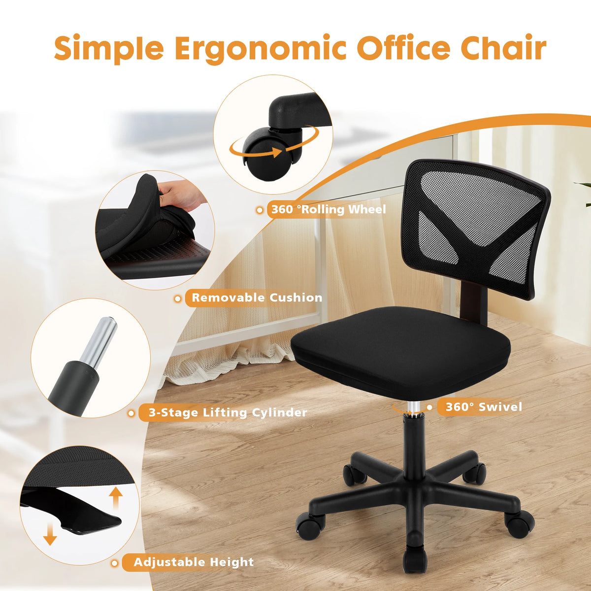 JHK Mesh Armless Office Chair With Lumbar Support And Wheels