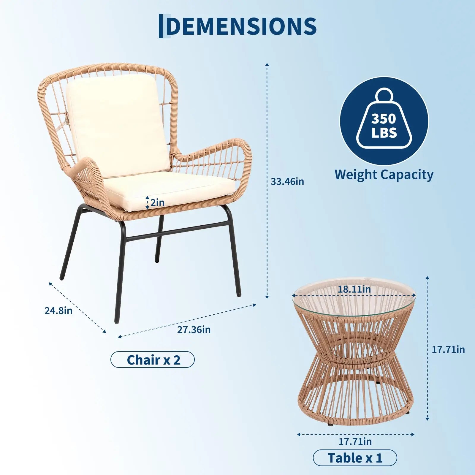 Boho 3PCS Patio Furniture Set, Outdoor PE Rattan Bistro Set With 2 Wide Cushioned Chairs & Glass Table For Deck Porch Poolside