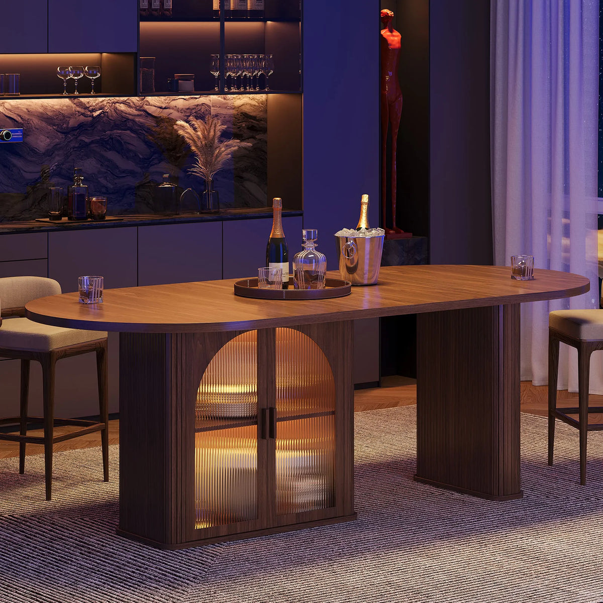 ONBRILL Modern Oval Dining Table With Storage And LED Lighting