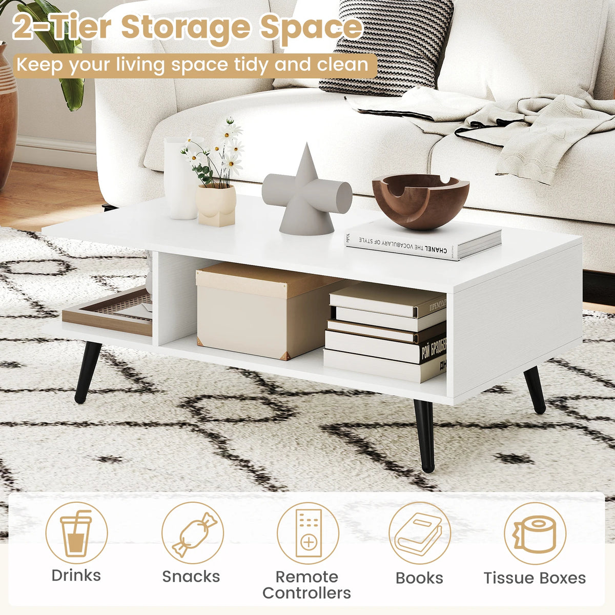 HOMASIS Two Tier Coffee Table With Storage Compartments Metal Legs