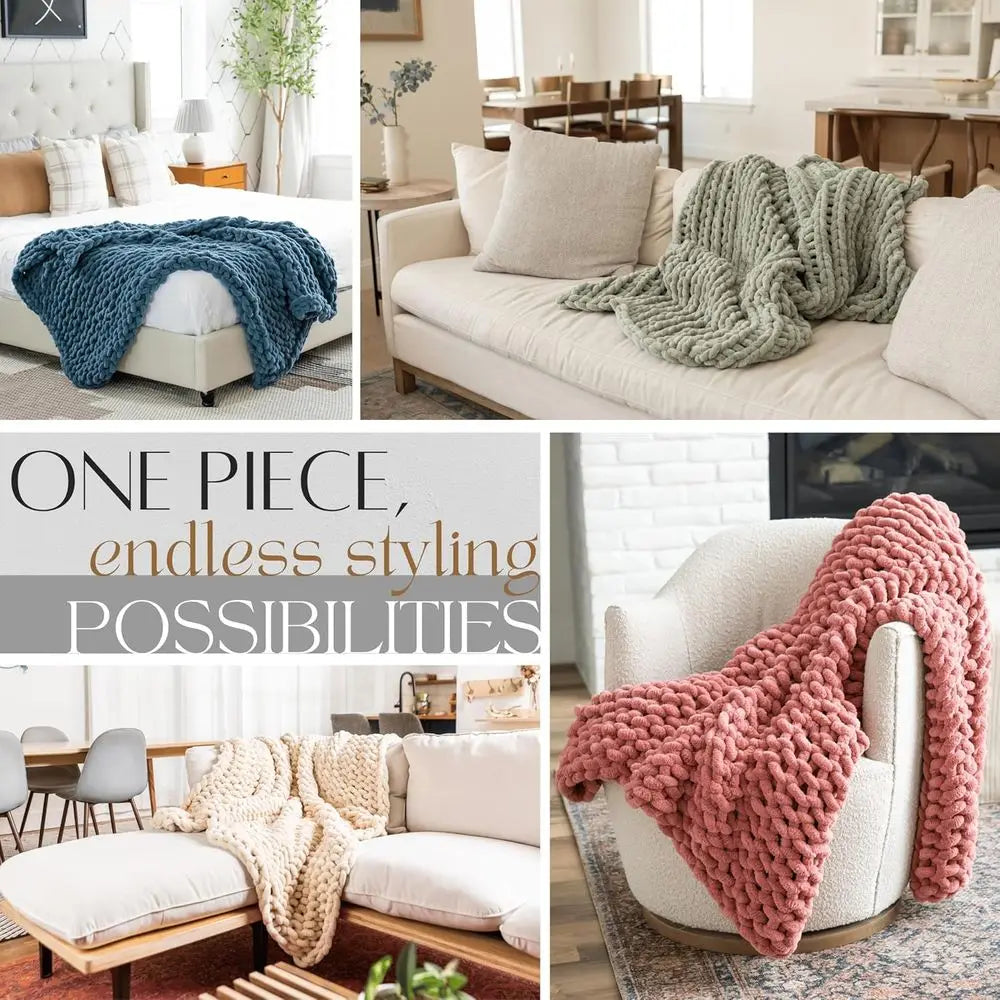 Chunky Knit Blanket Throw 50x70, Grey Chenille Chunky Knit Throw Blanket for Living Room Decor or Boho Decor, Thick Yarn Knitted