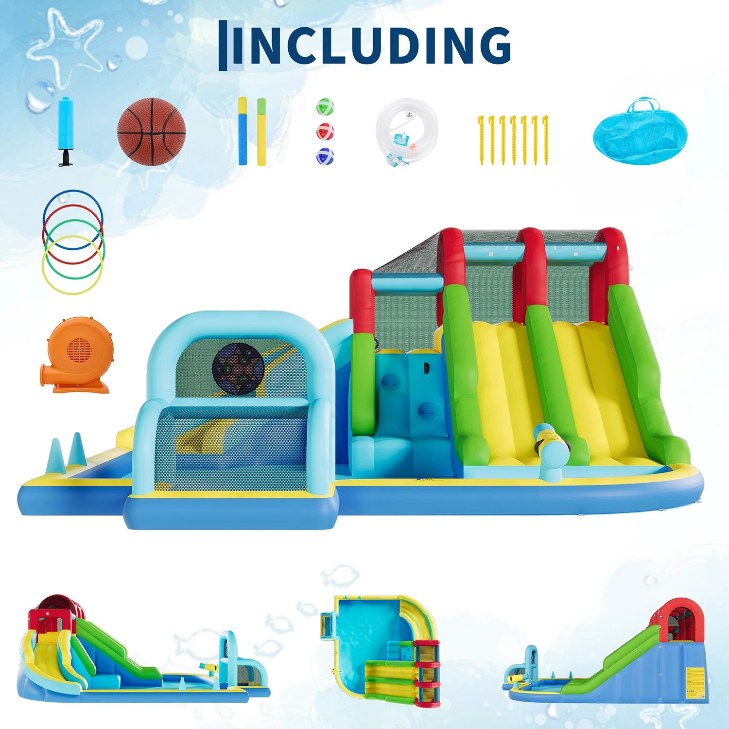 Indoor Outdoor Inflatable Bounce Castle w/3 Water Slides, Oxford Bounce Play Center for Kids Kindergarten Backyard Water Sports