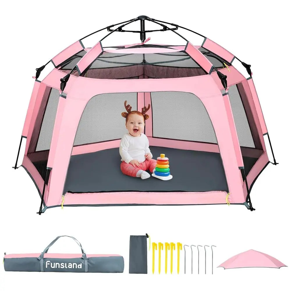 Portable Pink Playpen Tent - Indoor & Outdoor Play Area with Canopy for Beach, Travel, and Toddlers