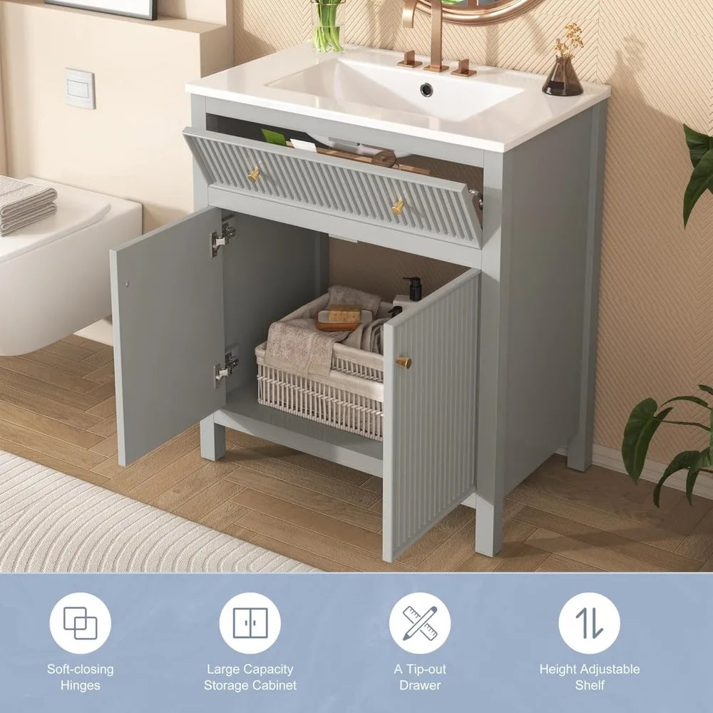 Fluted Modern Vanity With Ceramic Sink Two Door Cabinet And Tip Out Drawer Solid Wood Construction