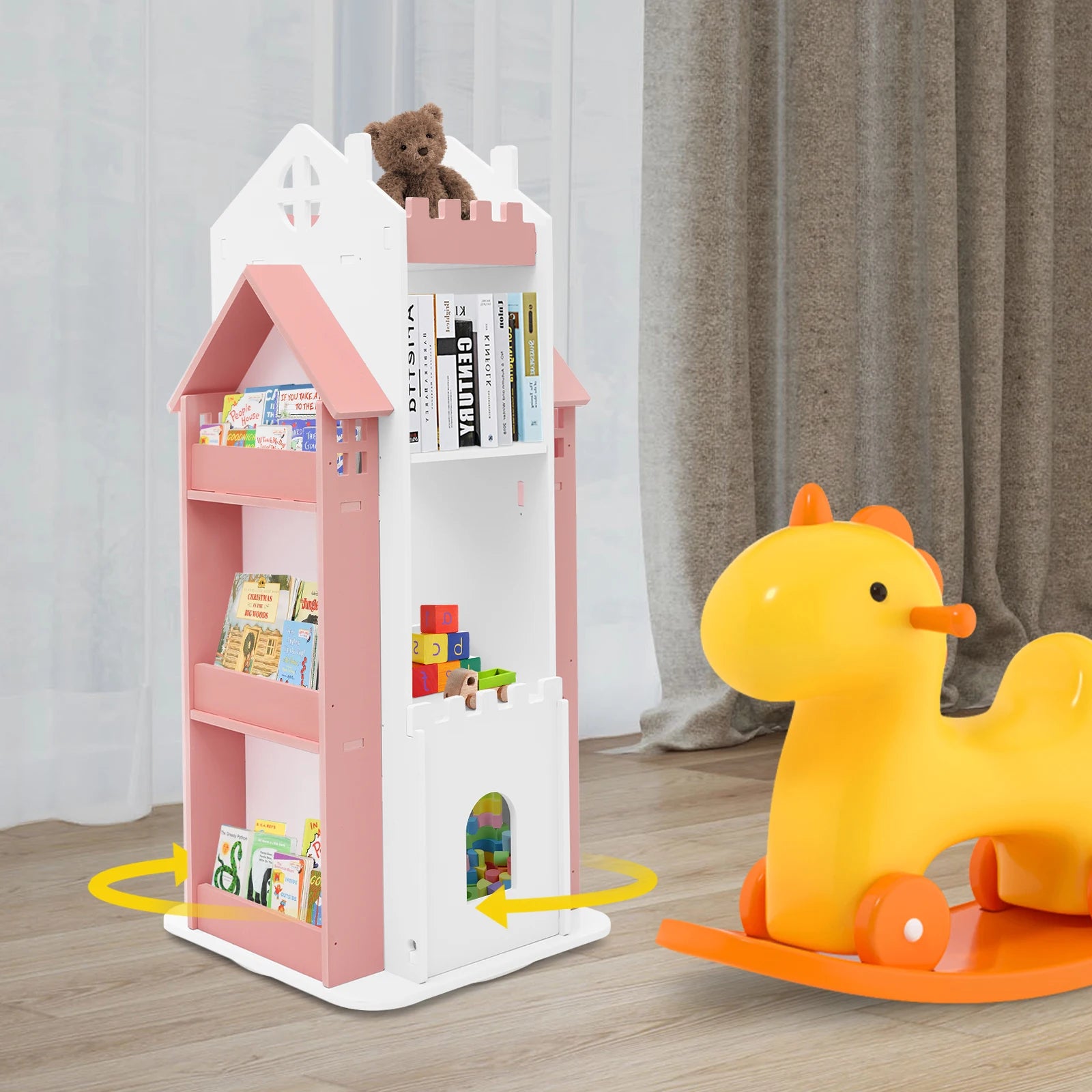 Rotating Kids Bookshelf 7 Tier Castle Design Book Toy Storage Organizer Book Display Shelf for Home Bedroom,3 Colors