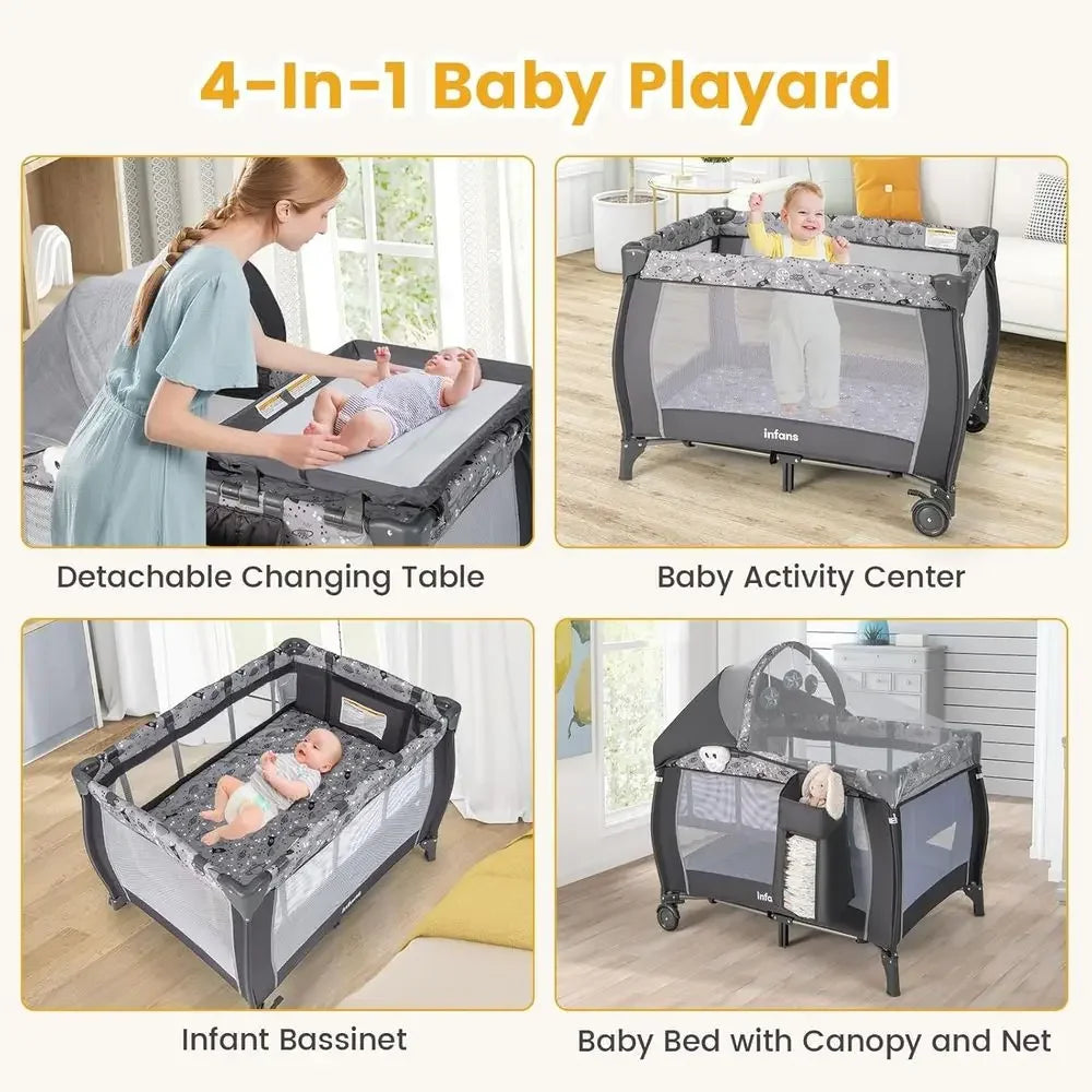 All-in-One Portable Baby Playard with Bassinet, Changing Station, Mosquito Net, Toys, Music, Storage for Toddlers - GreyTime-lim