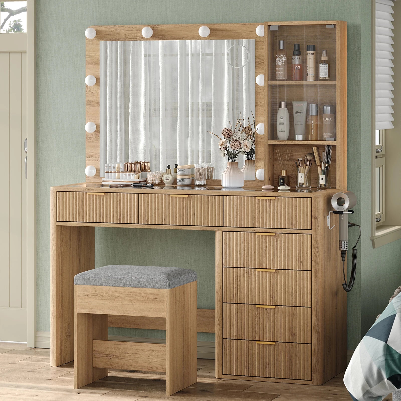 General Use Vanity Desk With LED Mirror And 7 Drawers