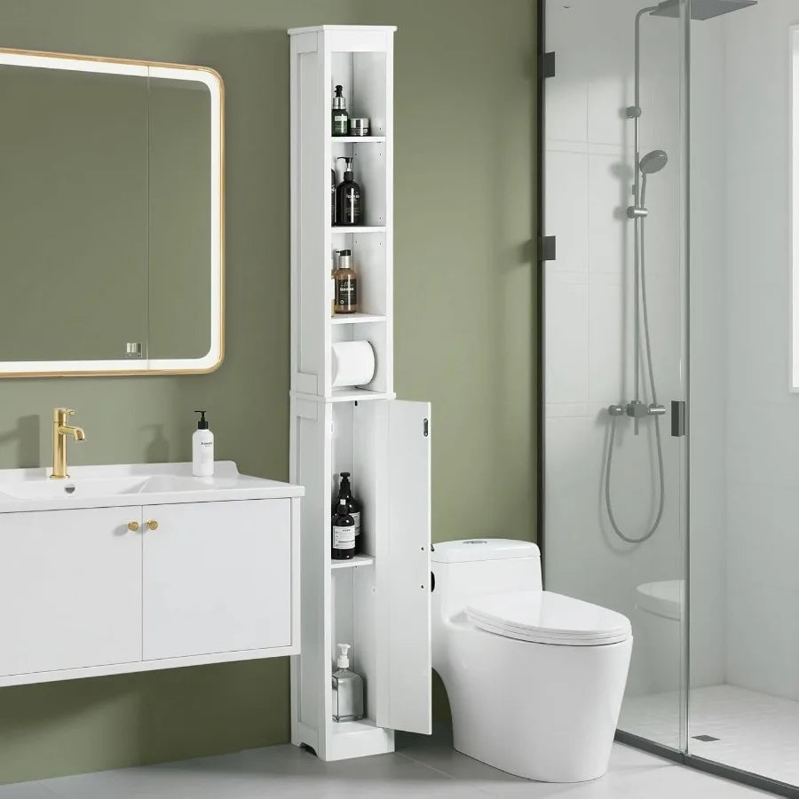 Narrow Bathroom Storage Cabinet With 3 Adjustable Shelves, 71" Tall Freestanding Cabinet With Toilet Paper Holder, Slim T