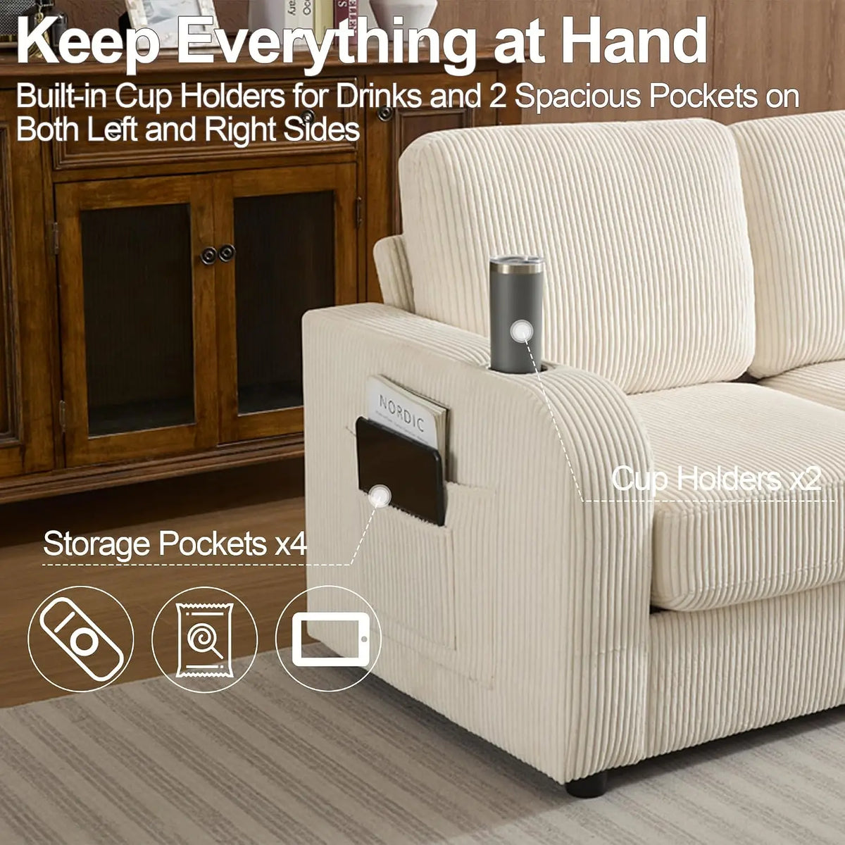SUXI Modern Upholstered Sofa With Deep Seats And Cup Holders