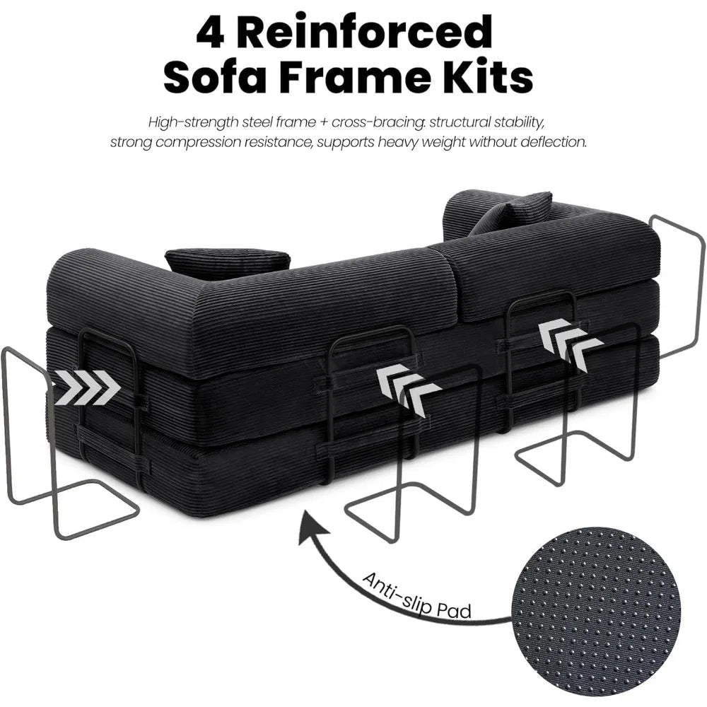 79 Inch Convertible Floor Sofa Bed 5 in 1 Fold Out Sleeper Modular Lounge Couch for Living Room Bedroom Black