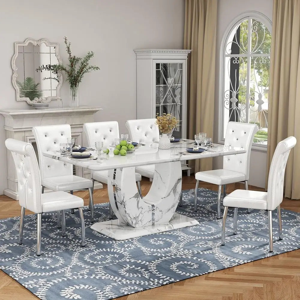Faux Marble Dining Table Set for 6, 63 White Rectangular Kitchen Table with Elegant UShaped Pedestal Base amp 6 Tufted Upholste