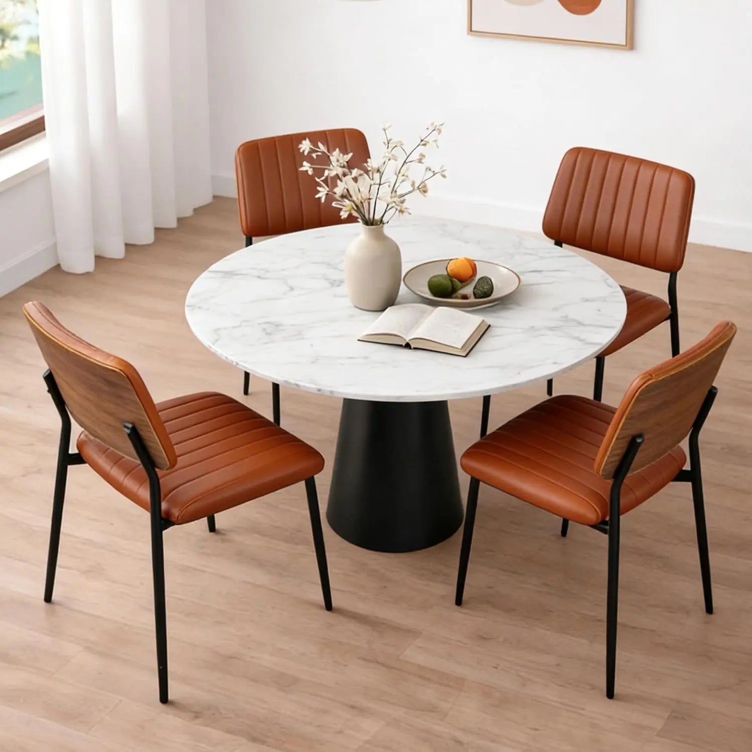 Mid Century Modern Kitchen Chairs Set of 2, PU Leather Upholstered Dining Chairs with Walnut Bentwood Back, Sturdy, Customized