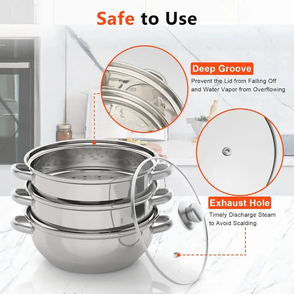 11Inch Steamer for Cooking, Stainless Steel Food Steamer Basket 3 Tier Vegetable Steamer Pot with Lid and Handle, polished
