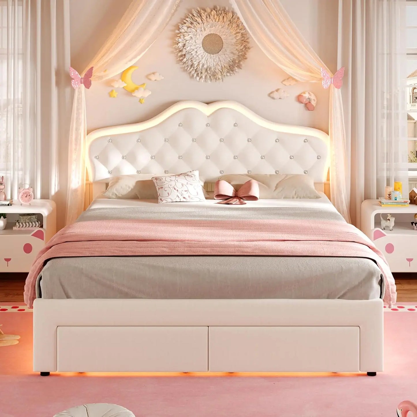 Velvet Bed With LED Lights Adjustable Headboard Storage Drawers