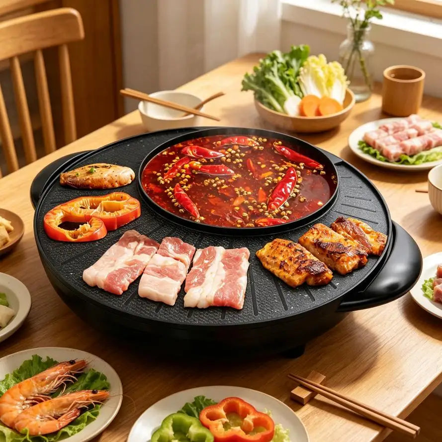 Circular Edition Hotpot Grill Combo Indoor BBQ Electric Hot Pot Portable Smokeless Grill Temp Control Easy Clean For Home Party