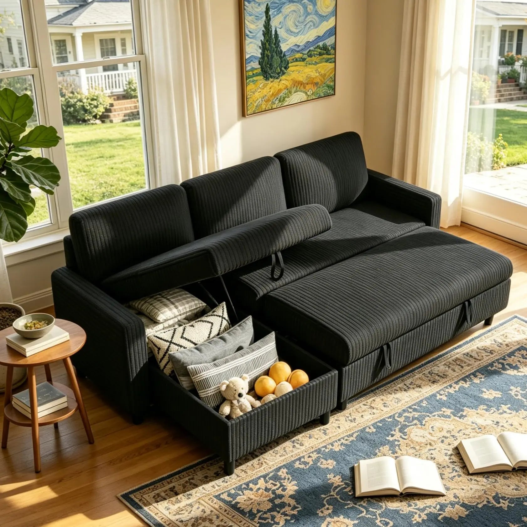 Vongrasig L Shaped Convertible Sofa Bed Pull Out Couch Storage Chaise Corduroy Dark Grey