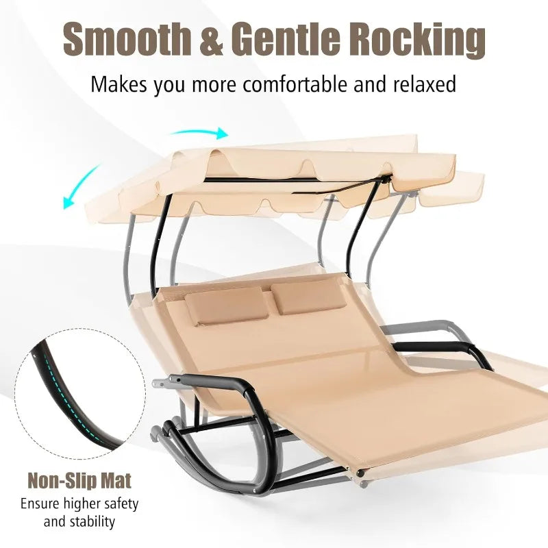 2 Person Lounge Chair with Adjustable Canopy, Outdoor Chaise Lounge with 2 Detachable Pillows and Wheels, Extra Large D
