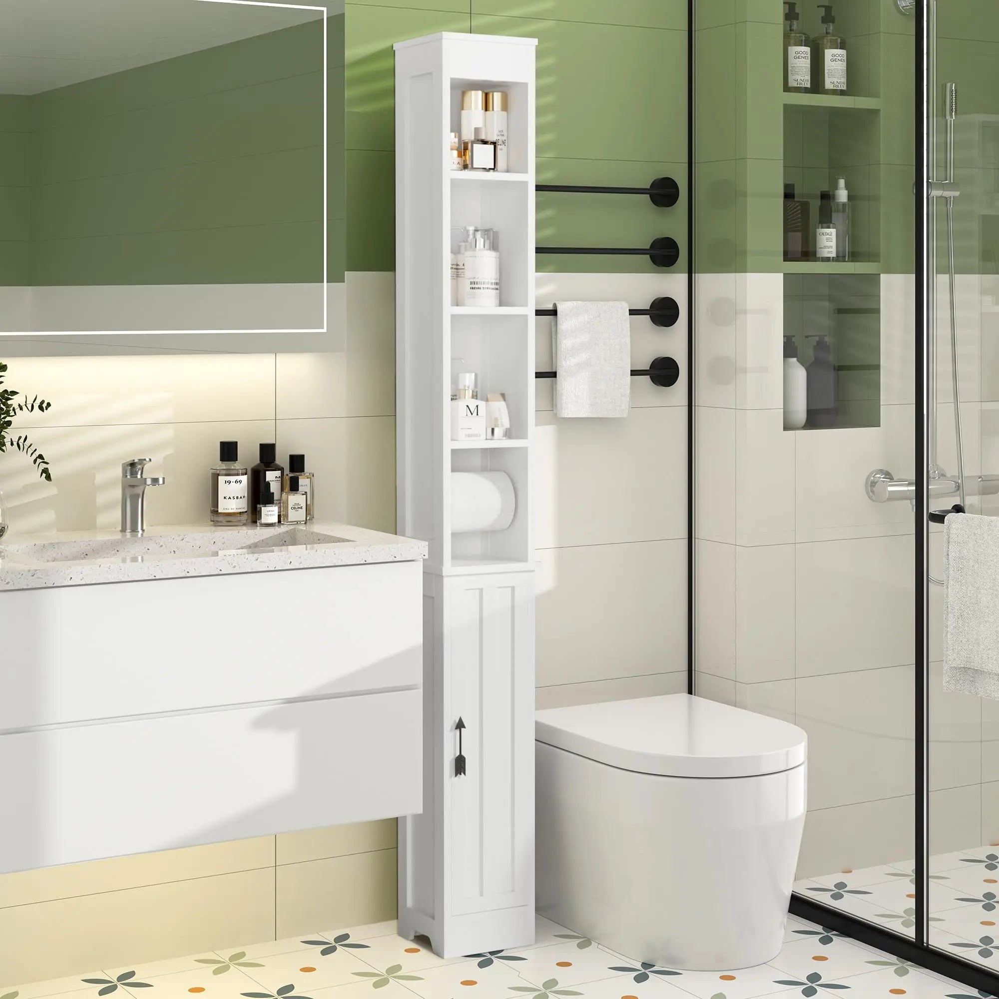 Narrow Bathroom Storage Cabinet With 3 Adjustable Shelves, 71" Tall Freestanding Cabinet With Toilet Paper Holder, Slim T