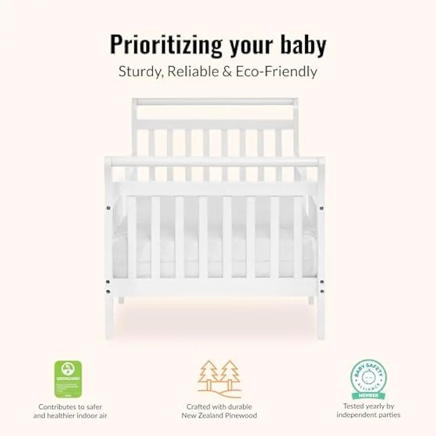 3-in-1 Convertible Toddler Bed in White, Low-to-Floor Design with Safety Rails, Baby Safety Alliance Certified