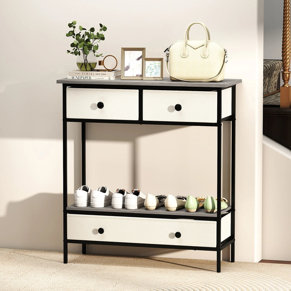 HOMASIS Farmhouse Console Table With Fabric Drawers And Open Shelf