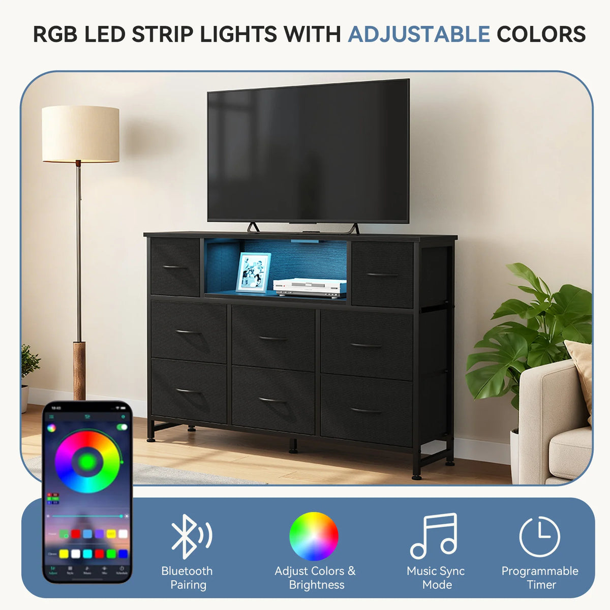 JHK LED TV Stand with Fabric Drawers and Charging Station