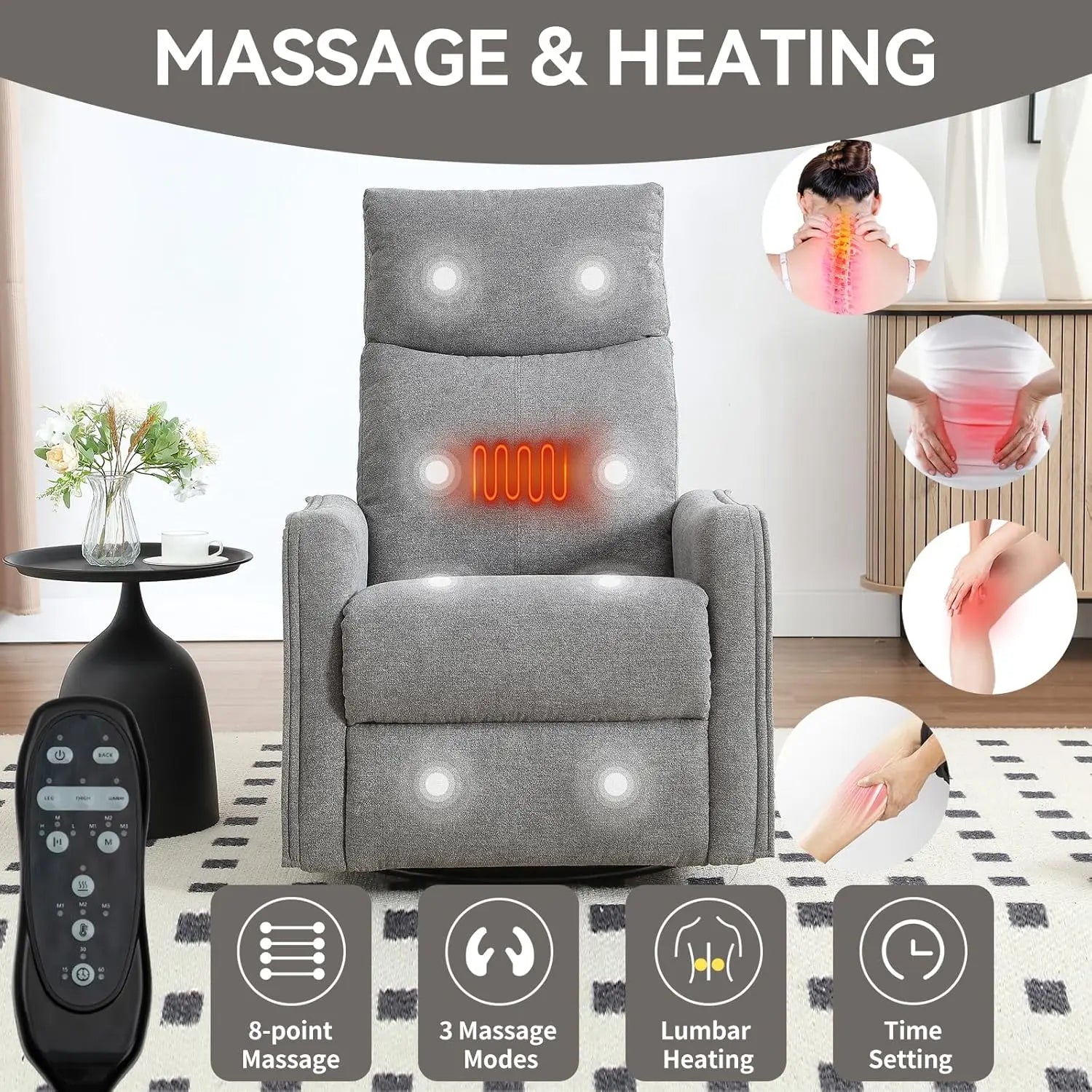 Heat Massage Manual Recliner Chair with Rocker & 360° Swivel, Fabric Upholstered Reclining Armchair with Lumbar, Customized