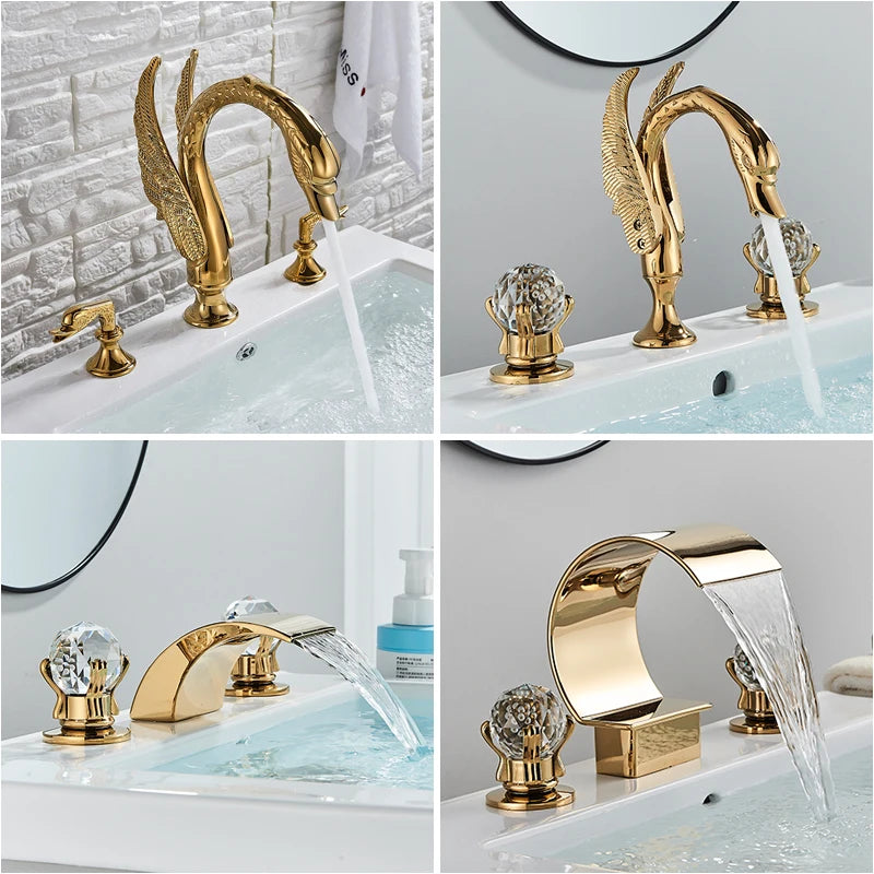 Luxurious Golden Bathroom Basin Faucet Brass Double Handle Hot Cold Sink Mixer Tap Swan Shape Basin Faucet Bathtub Mixers Crane